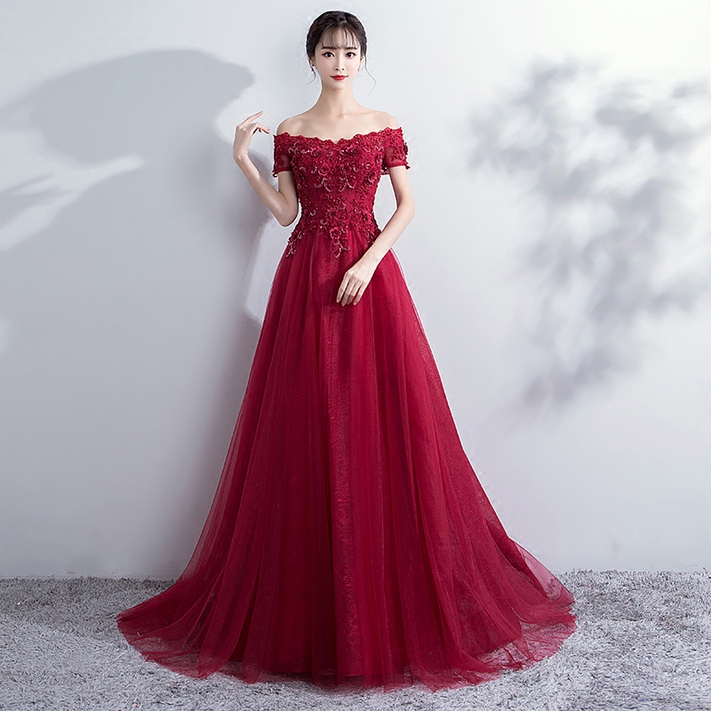 Burgundy lace tulle long prom dress, evening dress