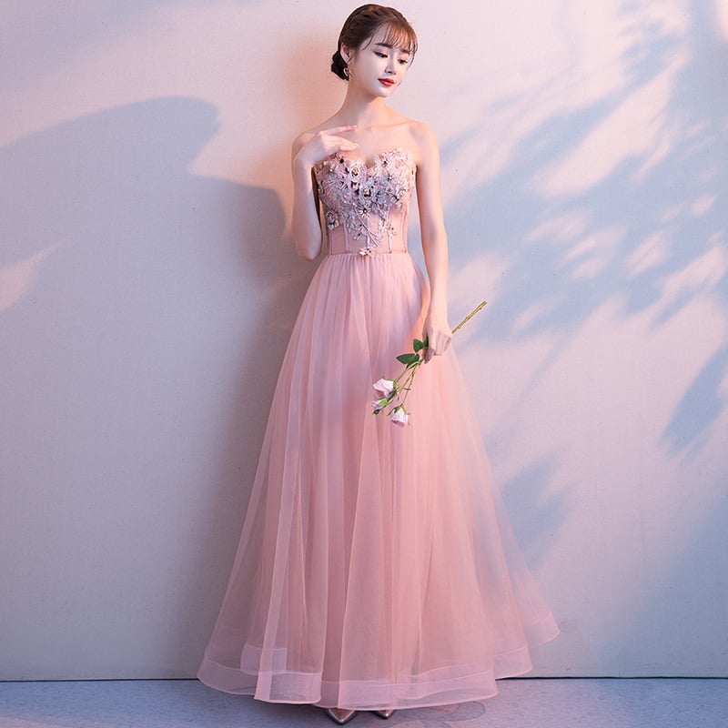 Pink sweetheart neck lace tulle long prom dress, evening dress