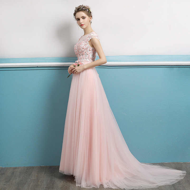 Pink round neck applique tulle long prom dress, evening dress