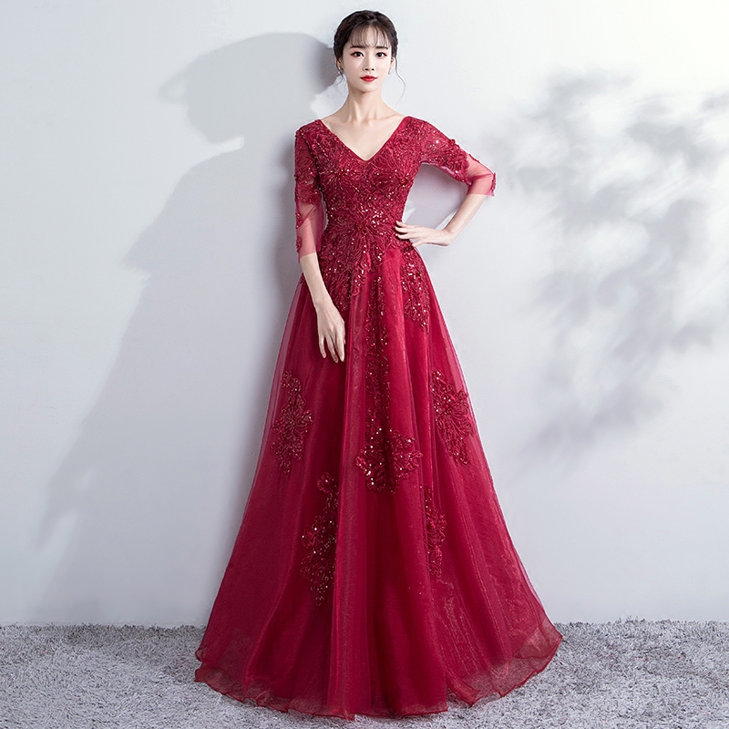 Burgundy v neck tulle sequins long prom dress, formal dress