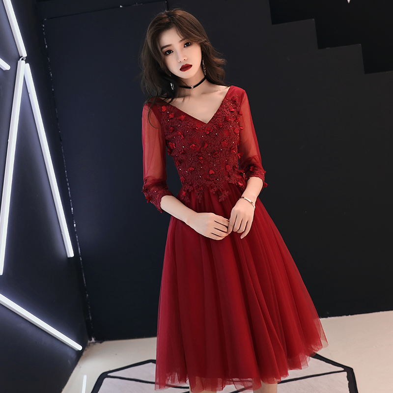 Burgundy v neck tulle lace short prom dress, evening dress