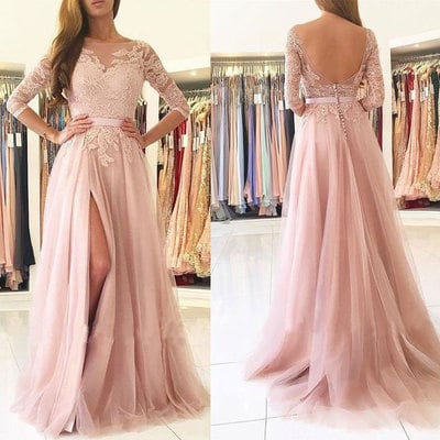 Split Side Long Prom Dresses with Split Side 3/4 Long Sleeves