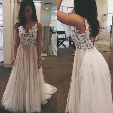 V Neck Backless Wedding Dresses Bridal Gown with Appliques