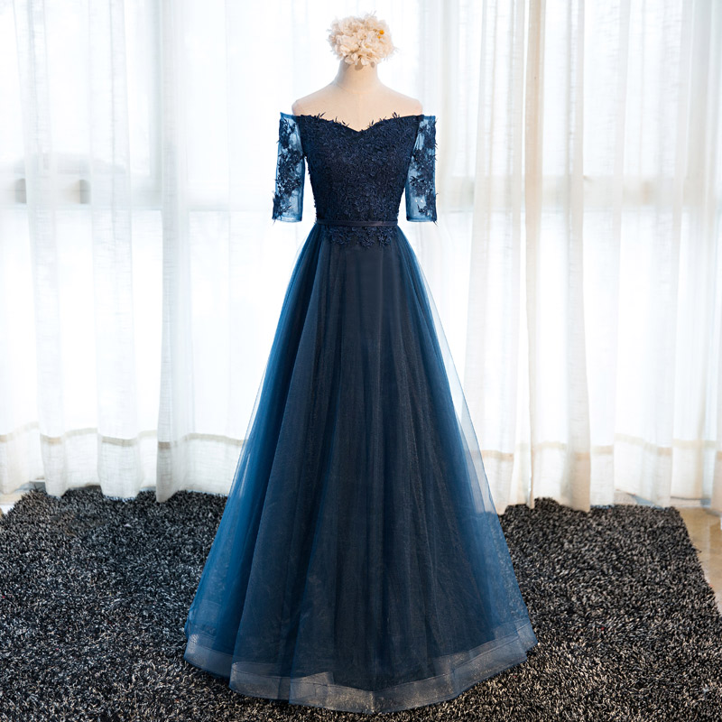 Dark blue tulle lace long prom dress, lace evening dress
