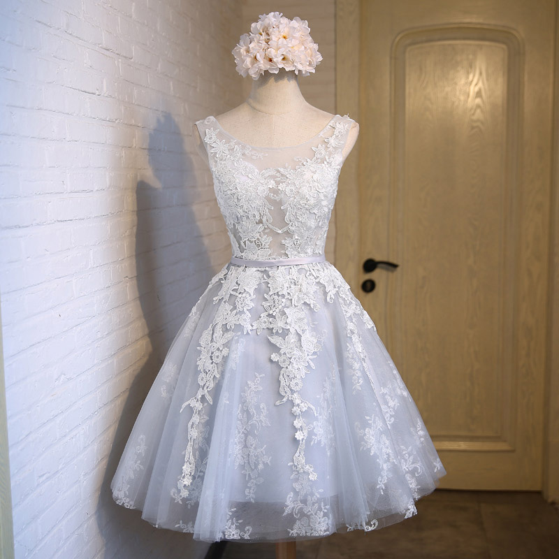 Gray round neck tulle lace short prom dress, evening dress