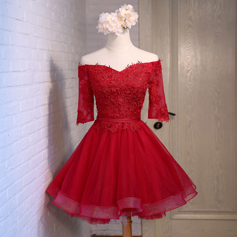 Burgundy lace tulle short prom dress, homecoming dress