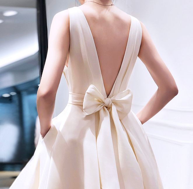 Champagne v neck short prom dress, evening dress