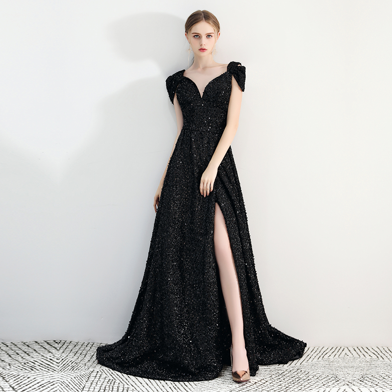 Black sequins long prom dress, black evening dress