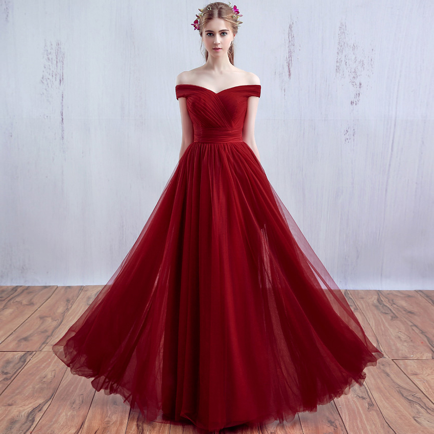 Burgundy v neck tulle long prom dress, burgundy evening dress