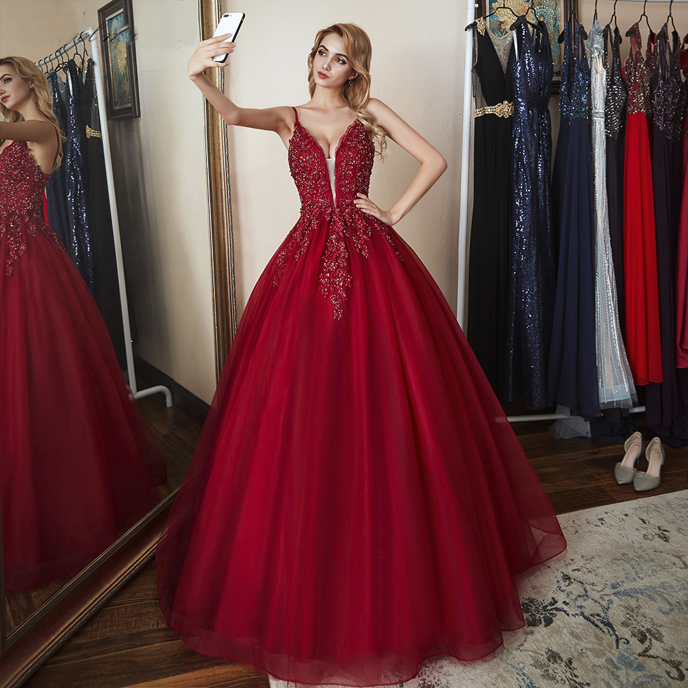 Burgundy v neck tulle beads long prom dress, sweet 16 dress