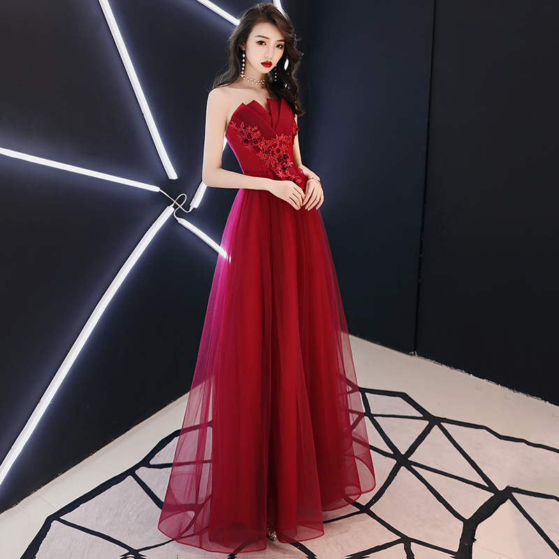 Burgundy strapless tulle lace long prom dress, evening dress