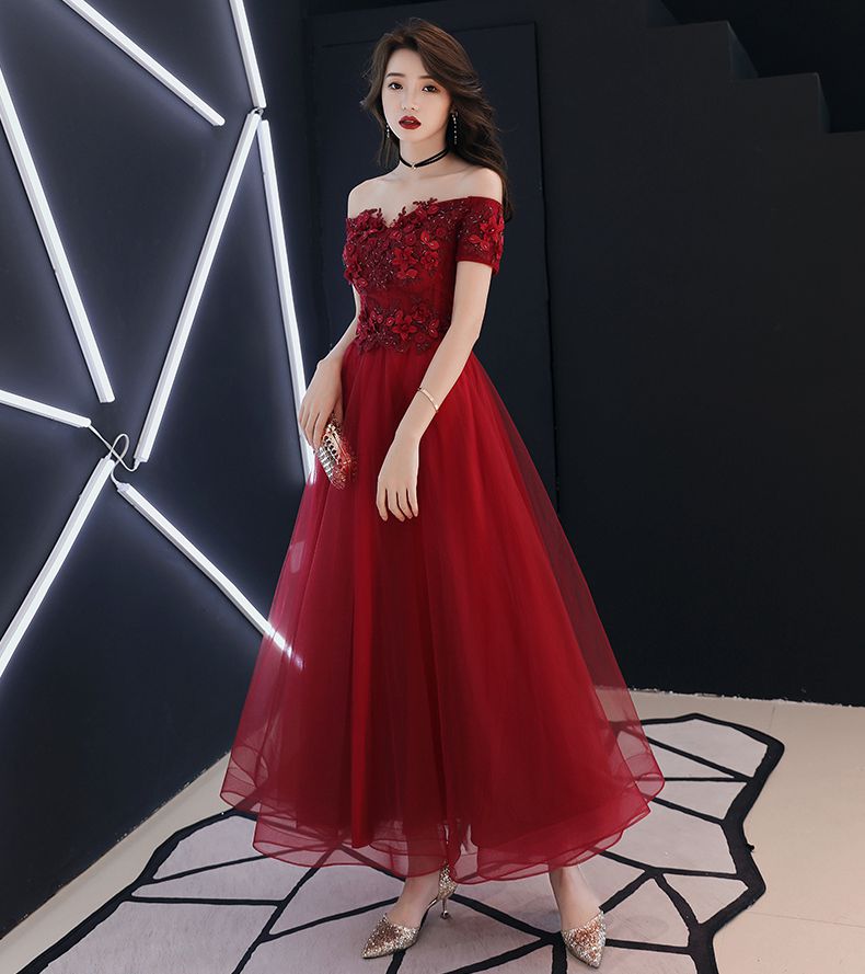 Burgundy tulle lace prom dress, lace evening dress