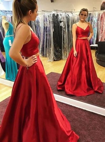 Sexy Two Piece Red Prom Dresses with Pockets