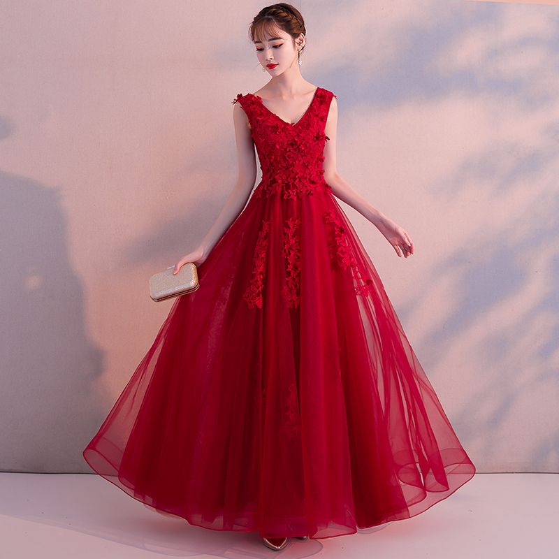 Simple v neck tulle lace long prom dress, evening dress