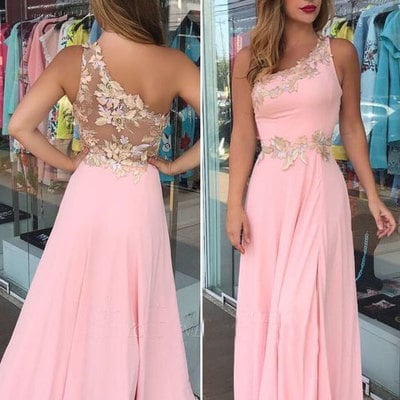 One shoulder long pink prom dresses with appliques - Thumbnail 4