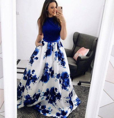 Royal Halter Long Print Prom Dresses with Pockets