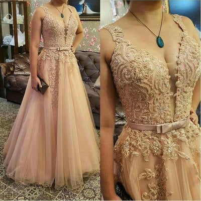 Elegant v neck long prom dresses with beading sash - Thumbnail 4