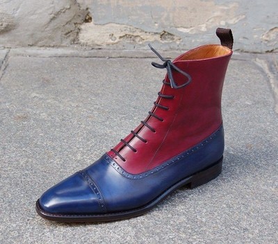Handmade Men Red Blue Leather Boot, Men Ankle High Lace Up Cap Toe dress Formal Boot