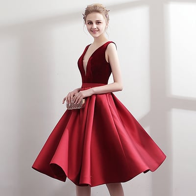 Burgundy v neck velvet satin short prom dress, homecoming dress - Thumbnail 5