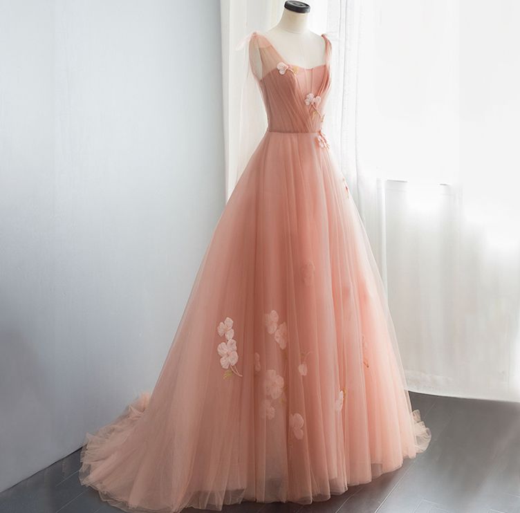 Pink sweetheart neck tulle long prom dress, pink evening dress