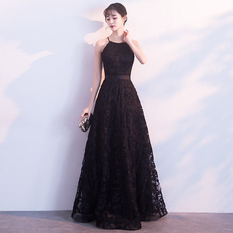Simple black long prom dress, black evening dress