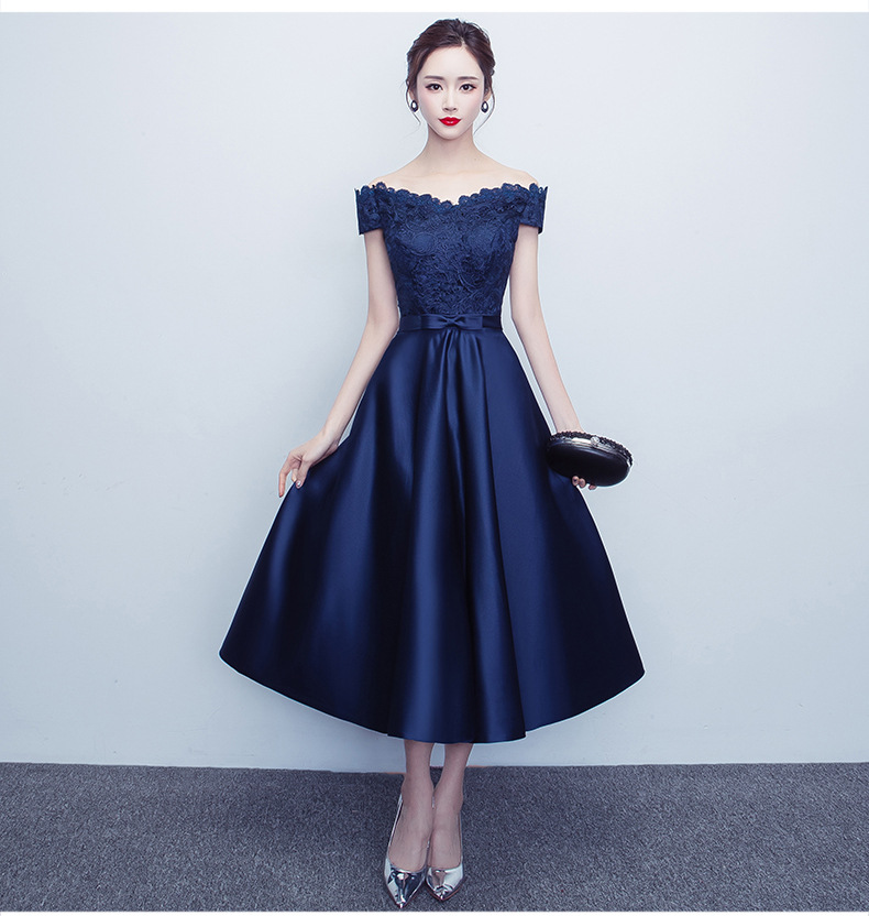 Dark blue lace satin short prom dress, lace evening dress