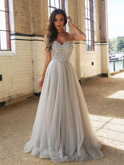 A Line Split Grey Tulle Long Prom Dresses,2019 Grey Prom Dresses,Beading Prom Dresses