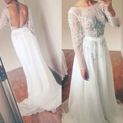 Backless long backless prom dresses with beaded - Thumbnail 5