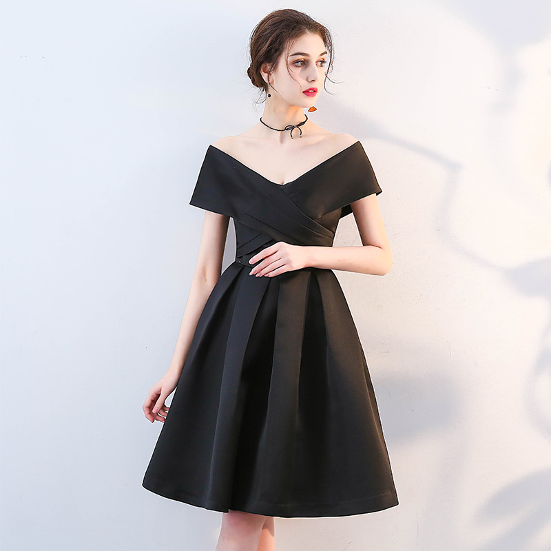 Black v neck satin short prom dress, evening dress