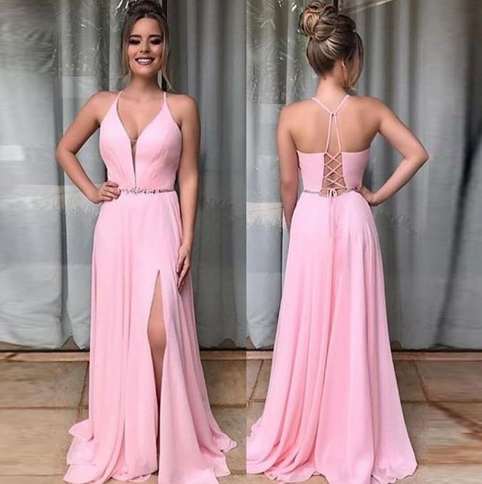 Pink chiffon v neck long prom dress, pink evening dress