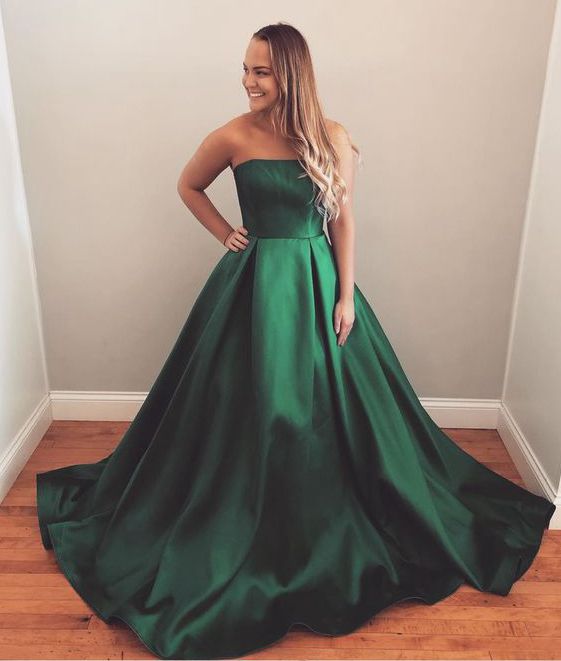 Simple green satin long prom dress, green evening dress
