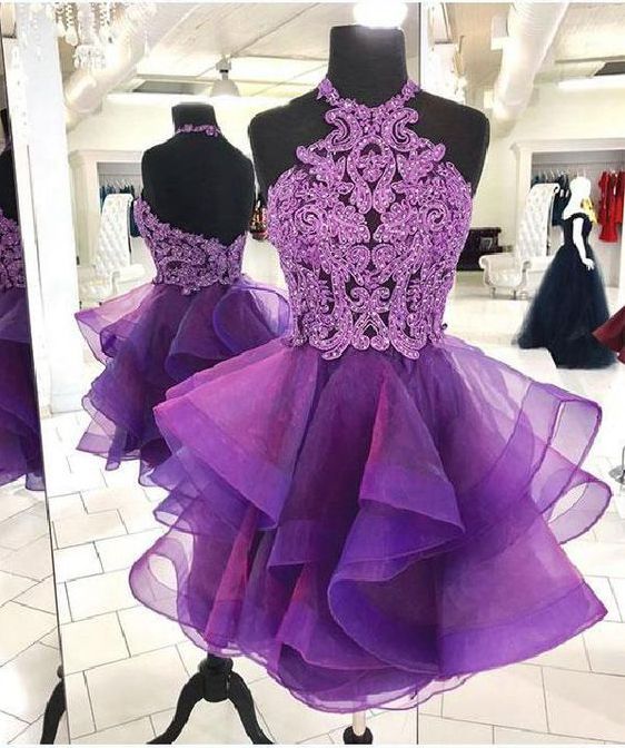 Purple tulle lace short prom dress, purple homecoming dress