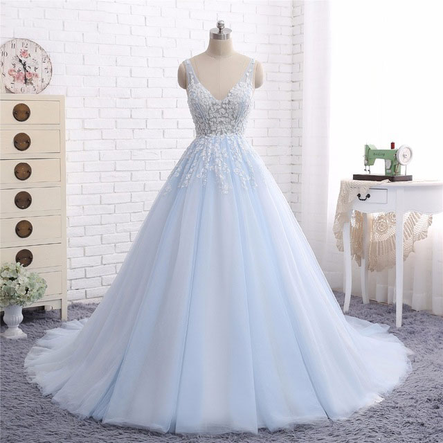 Light blue v neck tulle applique long prom dress, evening dress