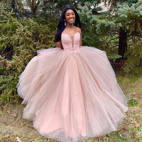 Pink tulle lace long prom dress, pink evening dress