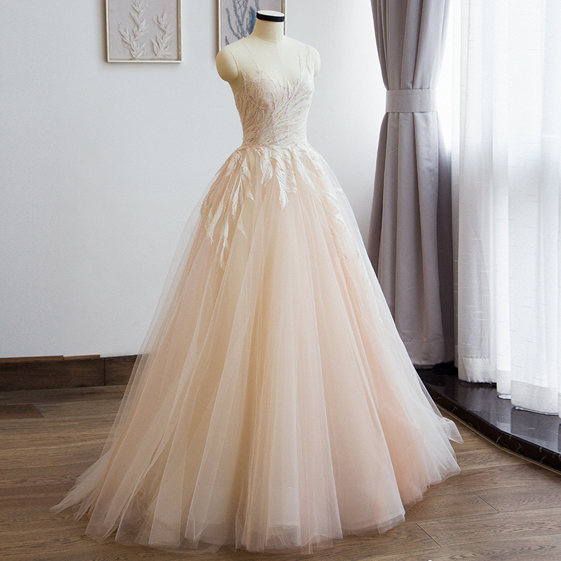 Champagne tulle lace long prom dress, evening dress