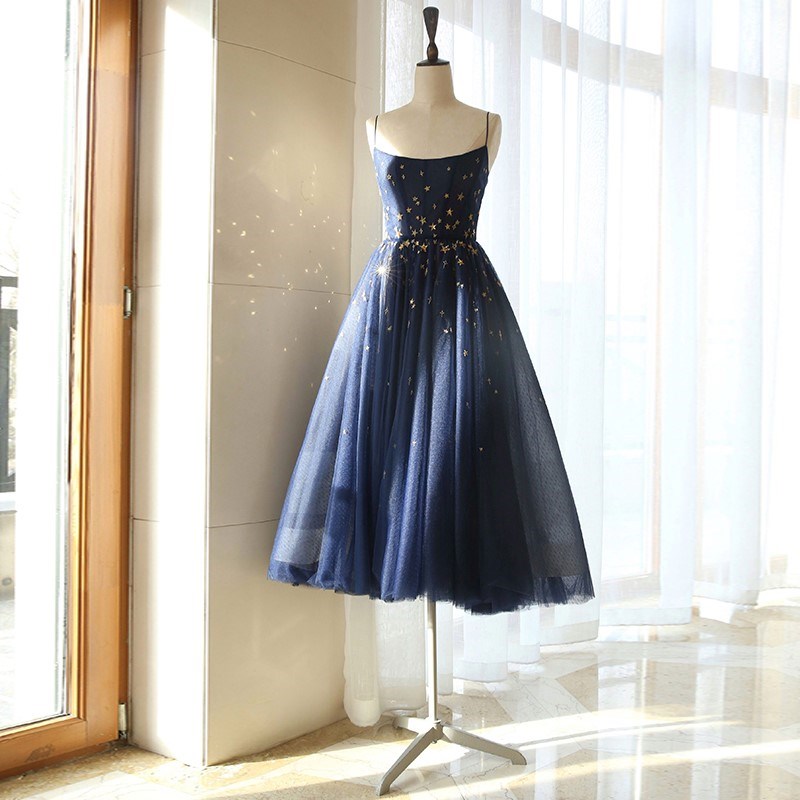 Cute blue tulle short prom dress, blue evening dress