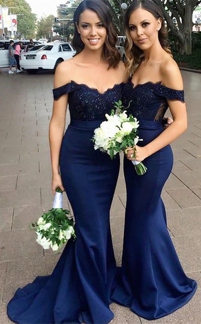 Off the Shoulder Navy Mermaid Prom Dresses with Appliques