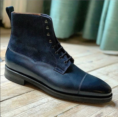 Handmade Navy Blue Leather Suede Lace Up Boot, Men's Ankle High Cap Toe Boot