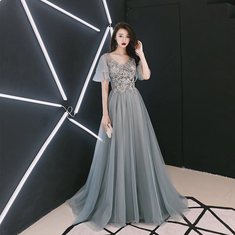 Gray v neck tulle lace long prom dress, lace evening dress