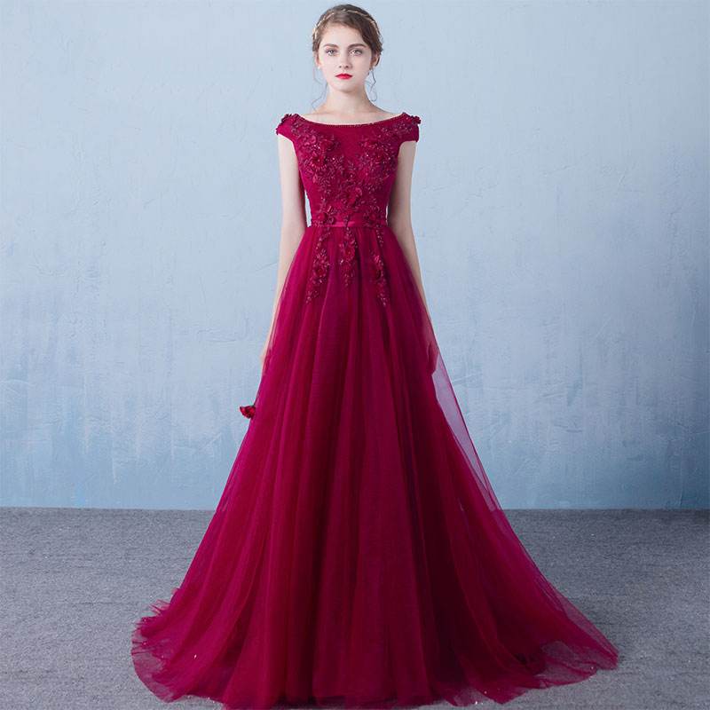 Burgundy round neck tulle lace long prom dress, evening dress