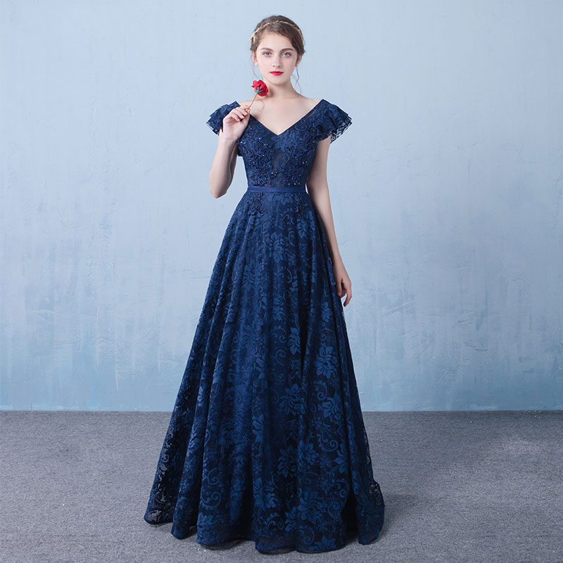 Dark blue v neck lace long prom dress, evening dress