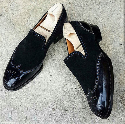 Handmade Black Suede Leather Shoes, Men's Wing Tip Loafer Slip On Shoes