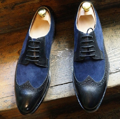 Handmade Black Navy Blue Suede Leather Shoes, Men's Wing Tip Lace Up Shoes