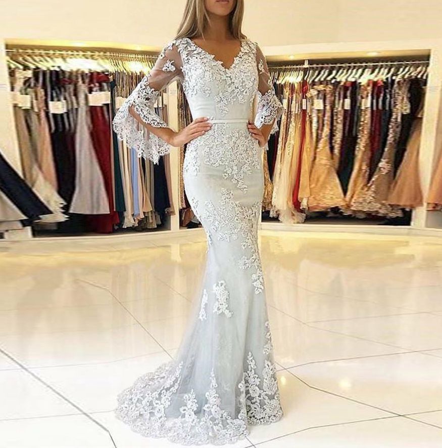 Mermaid v neck lace long prom dress, evening dress
