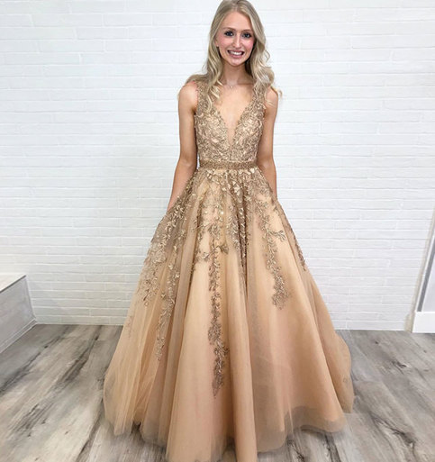 Stylish v neck tulle lace long prom dress, formal dress