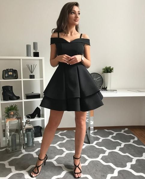Cute black satin short prom dress, evening dress