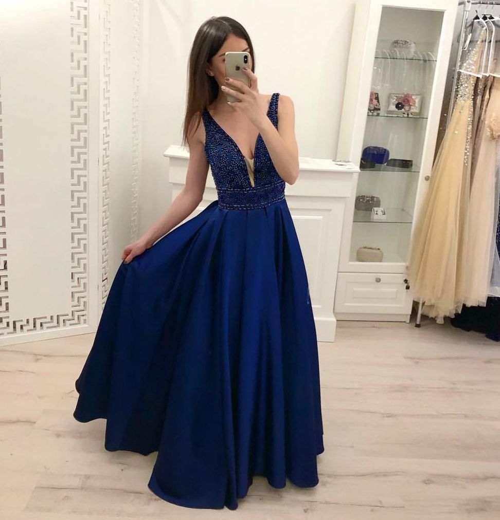 Blue v neck satin beads long prom dress, evening dress