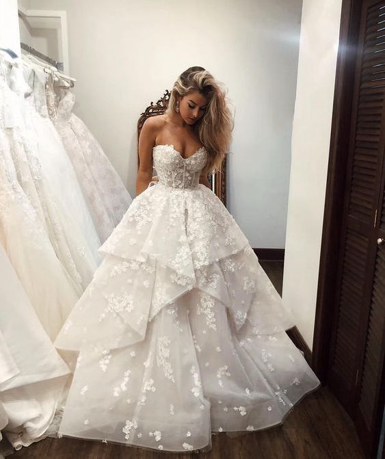 White tulle applique long prom dress, white evening dress