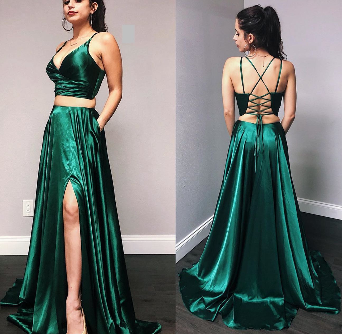 Green satin two pieces long prom dress, green evening dress