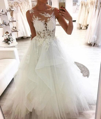 Sheer Neck Wedding Dresses with Appliques Lace